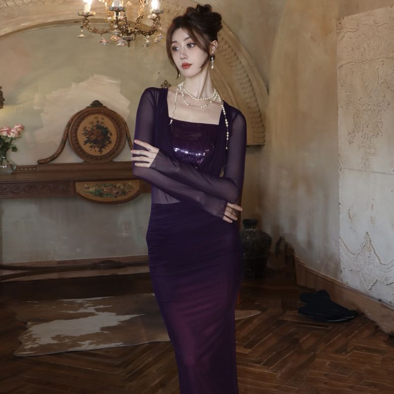 Long Neck Dress Panel Bodycon Sequined Plain Cowl Sleeve Maxi