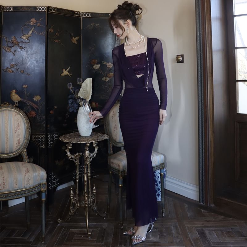 Neck Maxi Cowl Sleeve Bodycon Long Sequined Panel Plain Dress