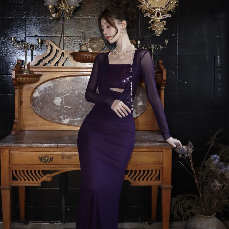 Bodycon Neck Maxi Sequined Dress Long Cowl Sleeve Panel Plain