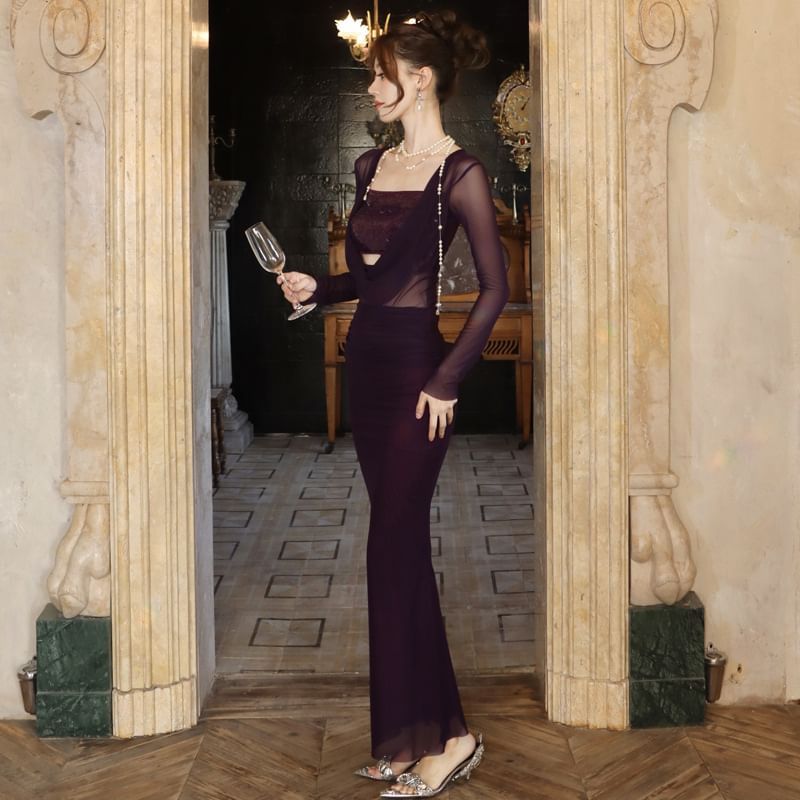 Neck Maxi Cowl Sleeve Bodycon Long Sequined Panel Plain Dress