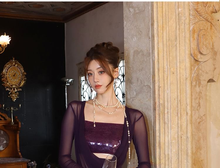 Bodycon Neck Maxi Sequined Dress Long Cowl Sleeve Panel Plain