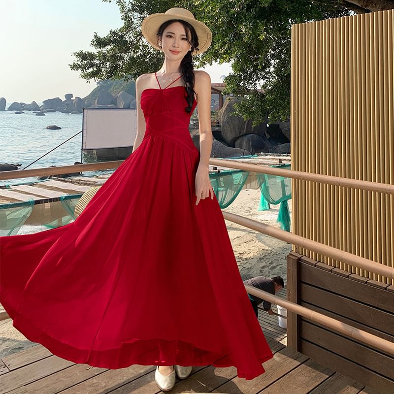 Ruched Maxi Spaghetti Plain Dress Strap A-Line