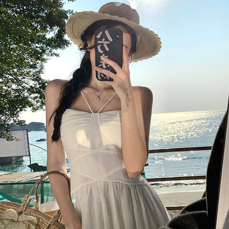 Ruched Maxi Spaghetti Plain Dress Strap A-Line