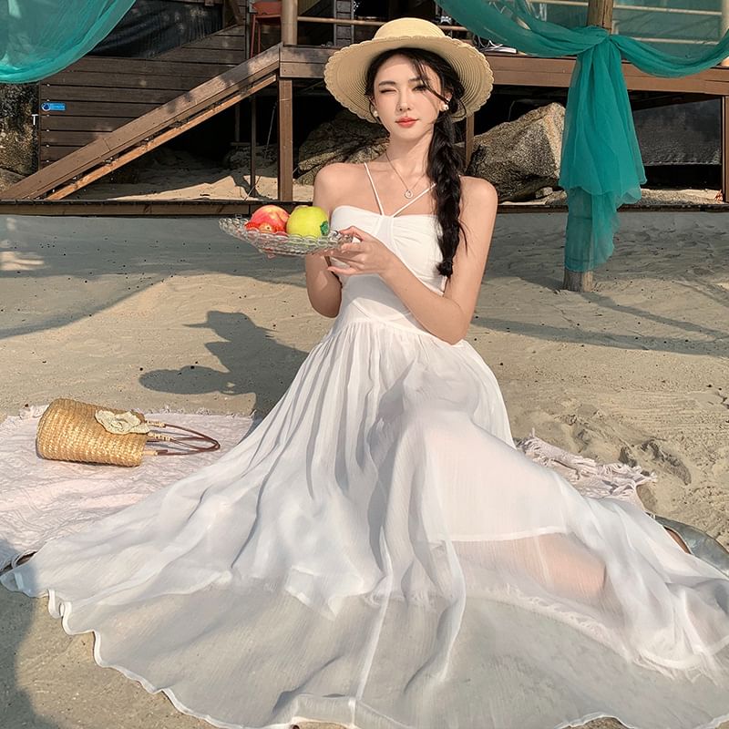 Ruched Maxi Spaghetti Plain Dress Strap A-Line