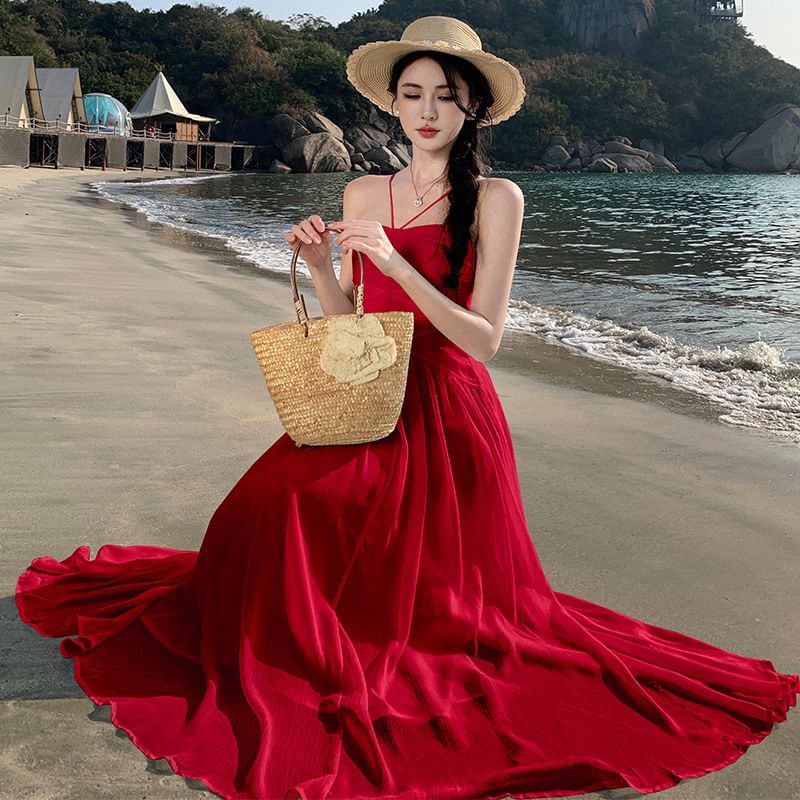 Ruched Maxi Spaghetti Plain Dress Strap A-Line