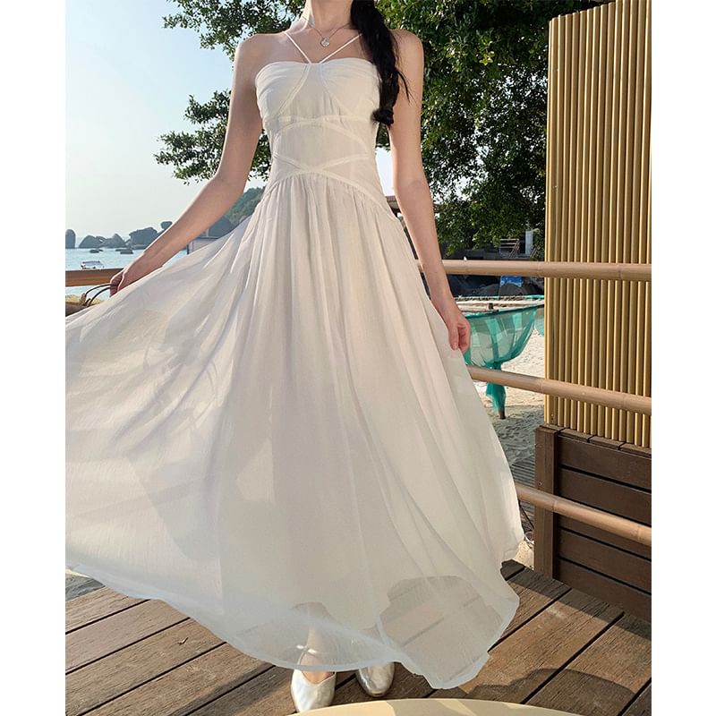 Ruched Maxi Spaghetti Plain Dress Strap A-Line