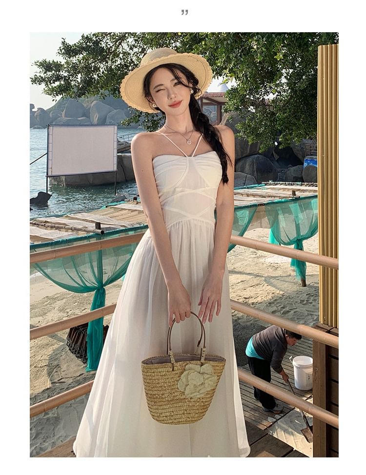 Ruched Maxi Spaghetti Plain Dress Strap A-Line