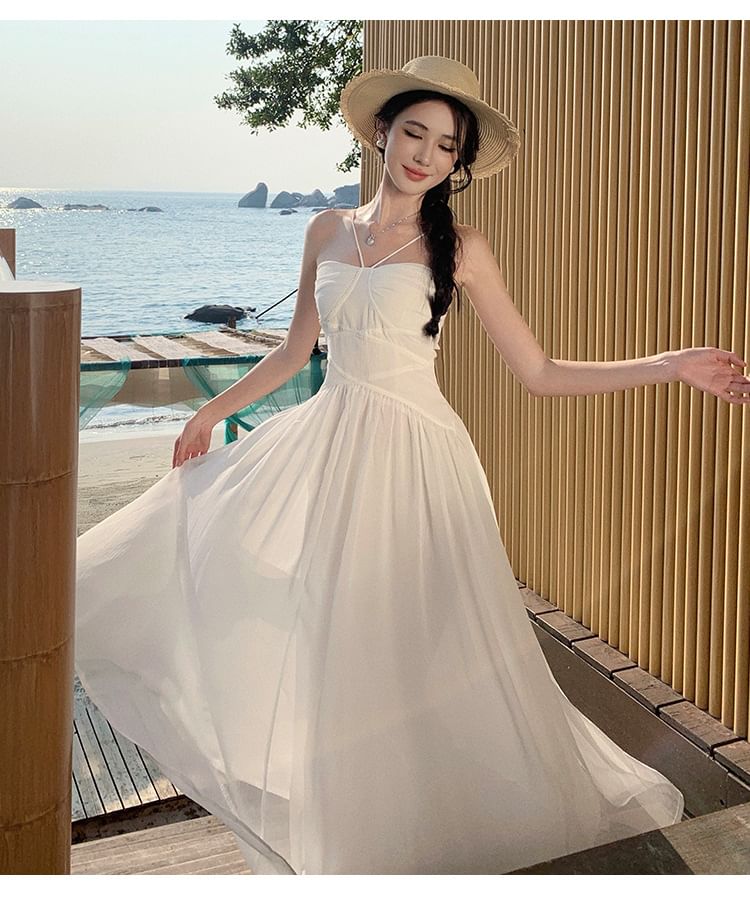 Ruched Maxi Spaghetti Plain Dress Strap A-Line