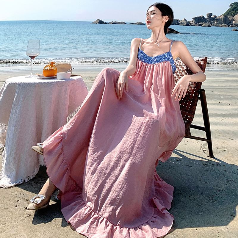 Sequined A-Line Ruffle Maxi Dress Strap Spaghetti Panel Hem