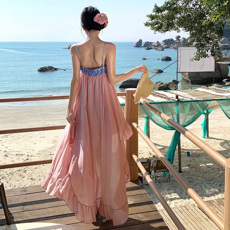 Sequined A-Line Ruffle Maxi Dress Strap Spaghetti Panel Hem