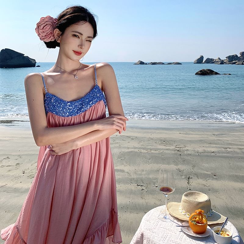 Sequined A-Line Ruffle Maxi Dress Strap Spaghetti Panel Hem
