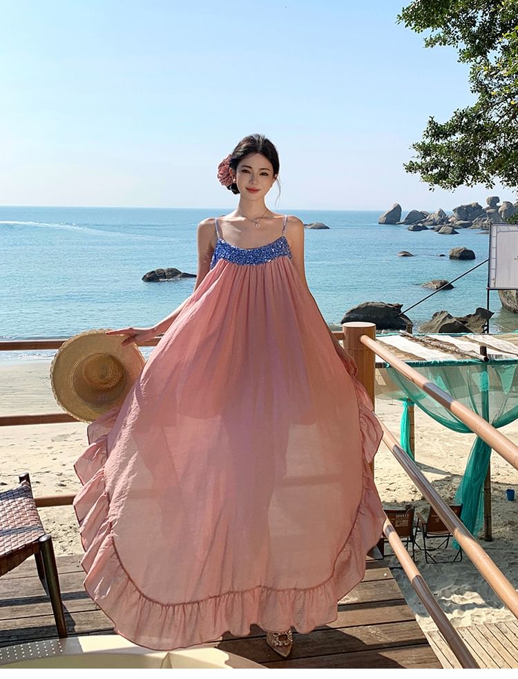 Sequined A-Line Ruffle Maxi Dress Strap Spaghetti Panel Hem
