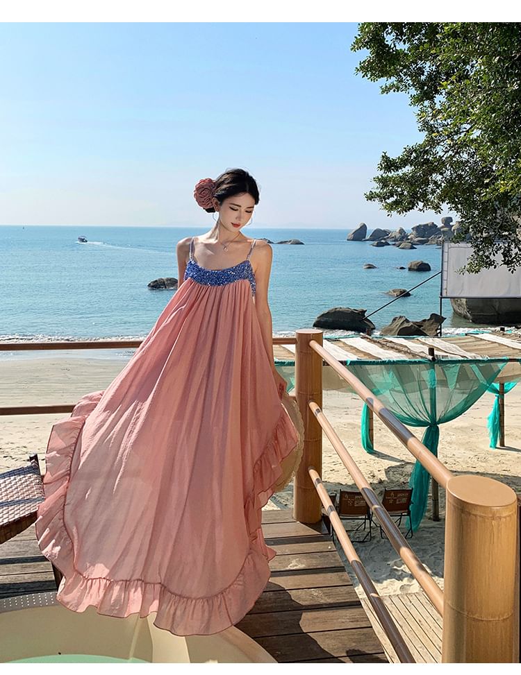 Sequined A-Line Ruffle Maxi Dress Strap Spaghetti Panel Hem