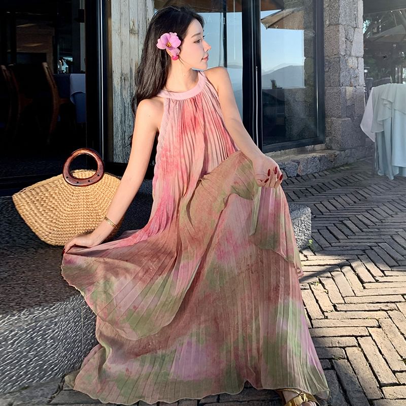 Pleated Dress Neck Sleeveless Crew Dye A-Line Tie Maxi