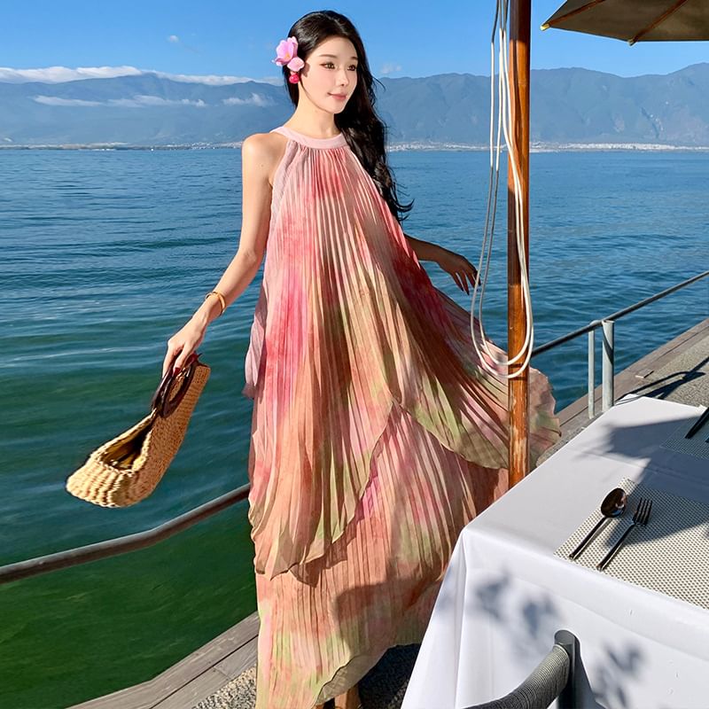 Pleated Crew A-Line Dress Maxi Neck Dye Tie Sleeveless