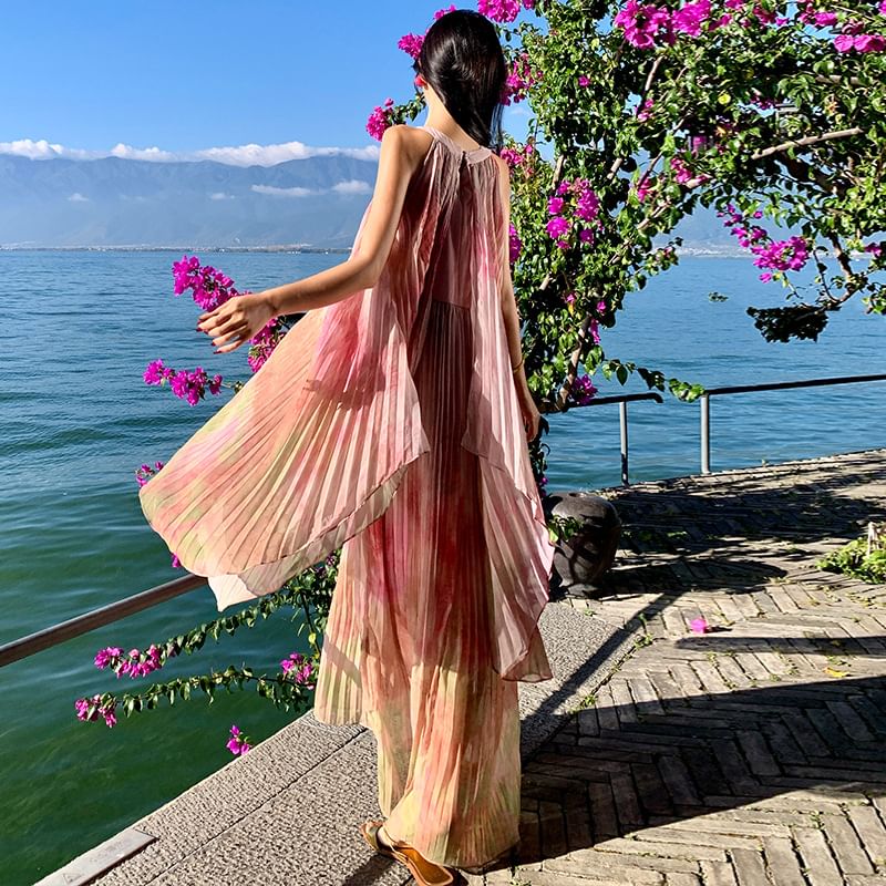 Pleated Dress Neck Sleeveless Crew Dye A-Line Tie Maxi