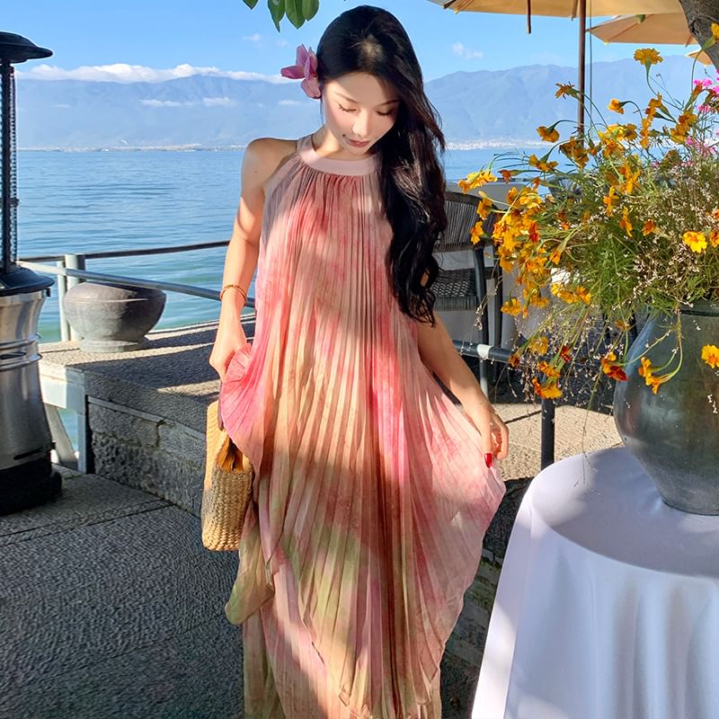 Pleated Crew A-Line Dress Maxi Neck Dye Tie Sleeveless