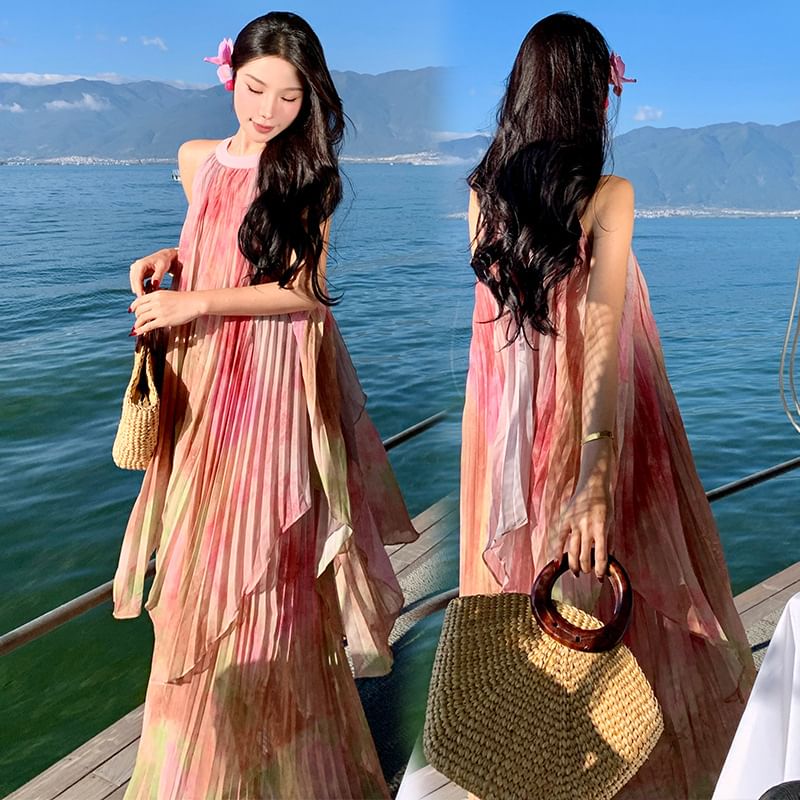 Pleated Crew A-Line Dress Maxi Neck Dye Tie Sleeveless