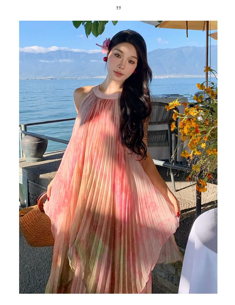 Tie Maxi Dye Neck A-Line Crew Sleeveless Dress Pleated