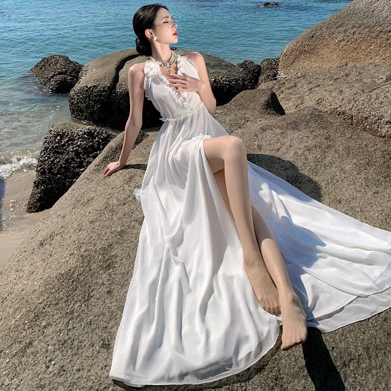 Plain Maxi A-Line V-Neck Slit Dress Sleeveless