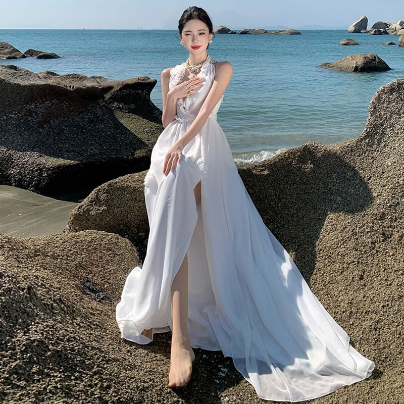 Plain V-Neck Maxi Dress A-Line Sleeveless Slit