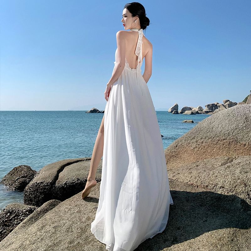 Plain Maxi A-Line V-Neck Slit Dress Sleeveless