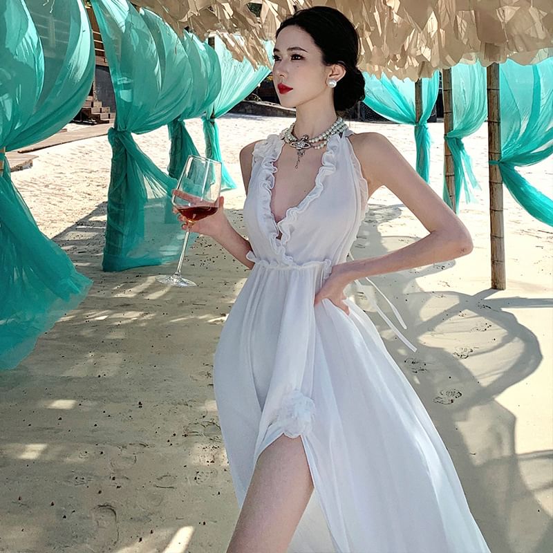 Plain Maxi A-Line V-Neck Slit Dress Sleeveless