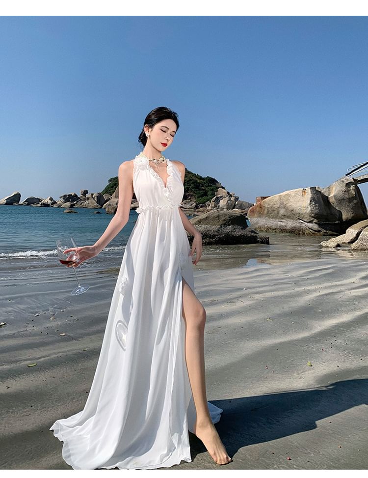 Plain V-Neck Maxi Dress A-Line Sleeveless Slit