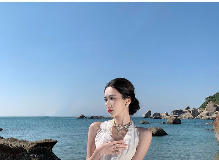 Plain V-Neck Maxi Dress A-Line Sleeveless Slit