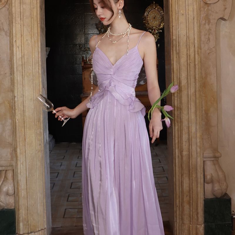 Plain Dress Spaghetti Maxi V-Neck Ruffle A-Line Strap Trim