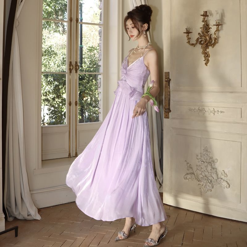 Plain Dress Spaghetti Maxi V-Neck Ruffle A-Line Strap Trim