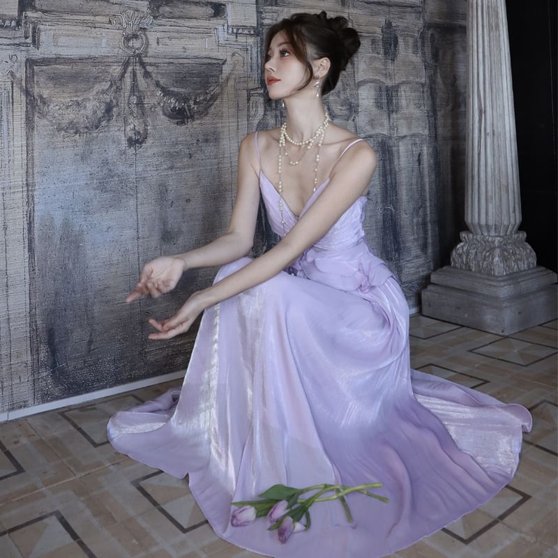 A-Line Dress Ruffle Maxi Spaghetti Plain Strap Trim V-Neck