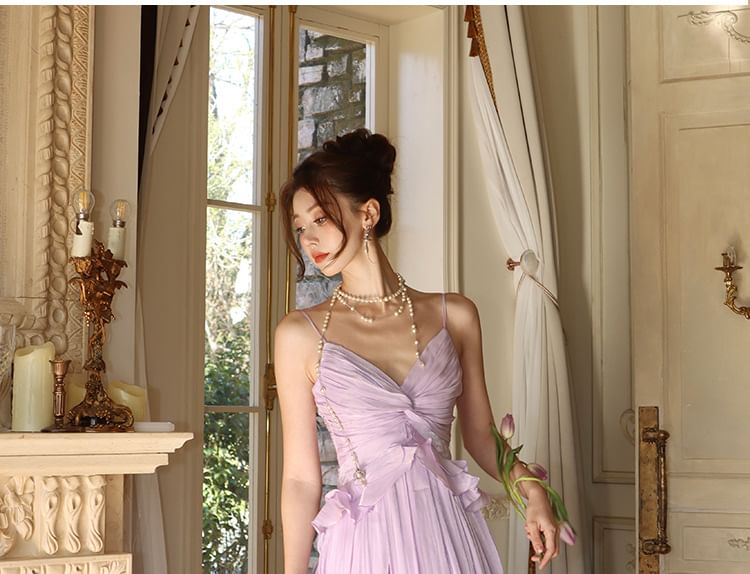 A-Line Ruffle Trim Dress V-Neck Plain Maxi Spaghetti Strap