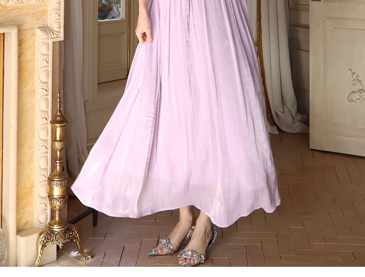 Plain Dress Spaghetti Maxi V-Neck Ruffle A-Line Strap Trim