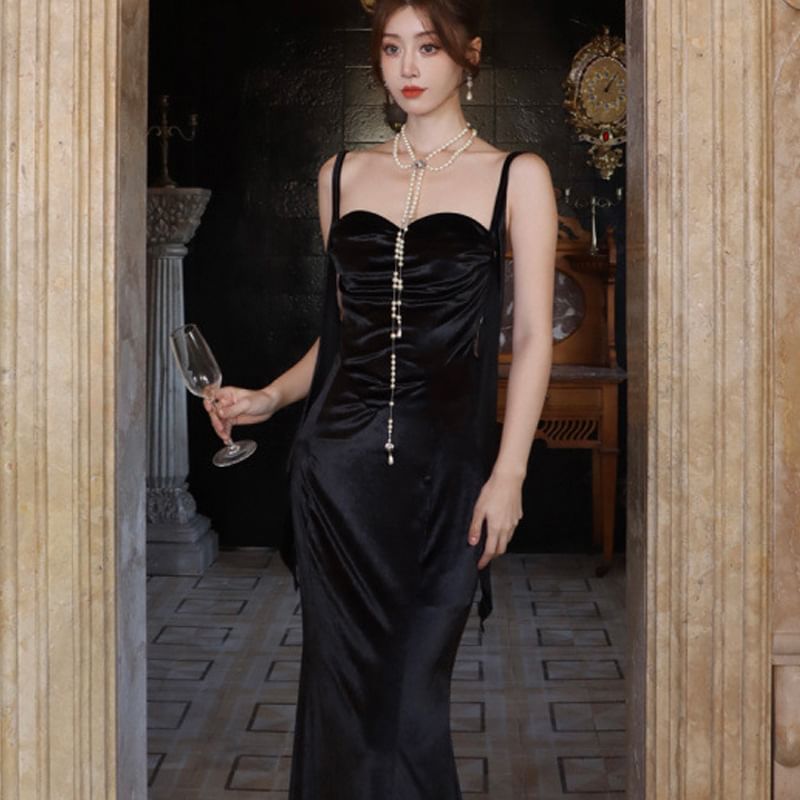 Sweetheart Maxi Ruched Strap Neck Dress Plain Spaghetti Sheath