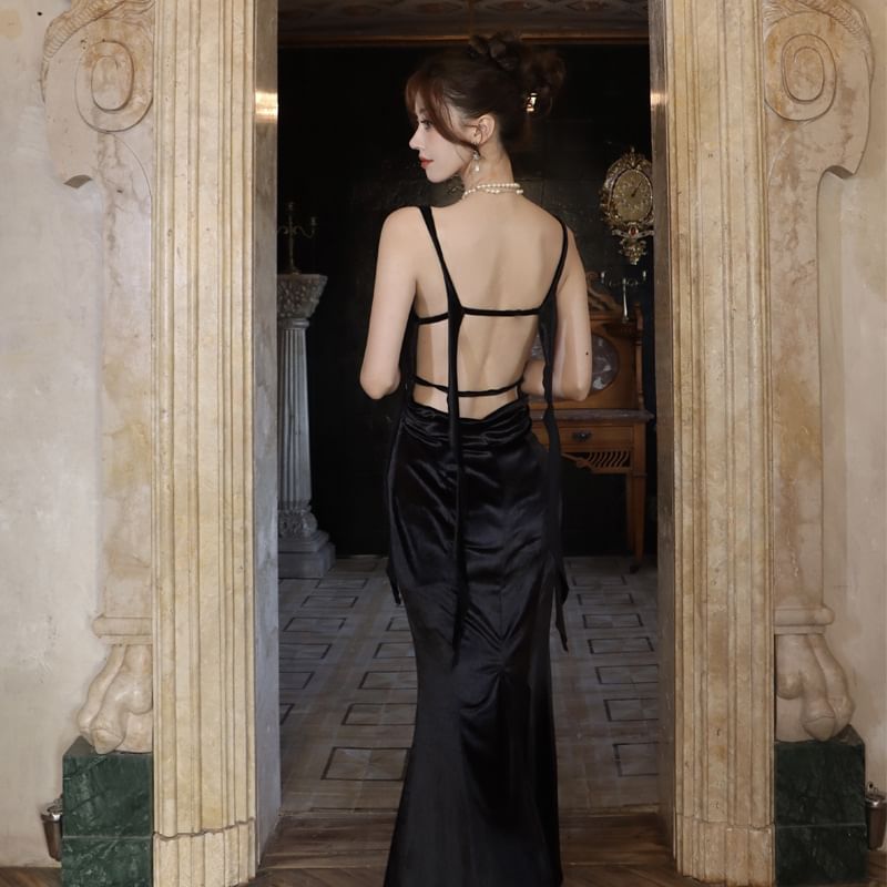 Sweetheart Maxi Ruched Strap Neck Dress Plain Spaghetti Sheath