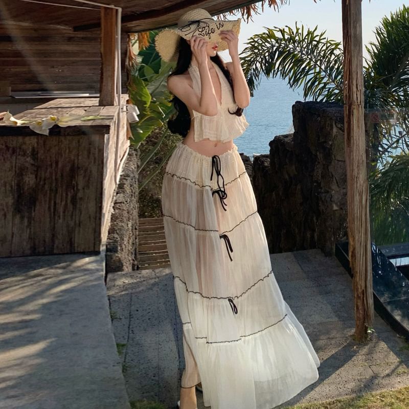 Rise Sleeveless Set: Maxi Top Crop Detail Skirt Bow Mid + V-Neck Plain A-Line