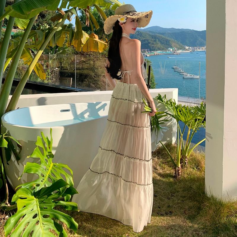 Rise Sleeveless Set: Maxi Top Crop Detail Skirt Bow Mid + V-Neck Plain A-Line