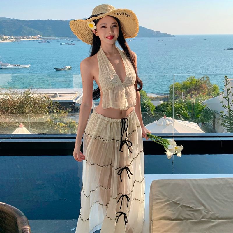 Rise Sleeveless Set: Maxi Top Crop Detail Skirt Bow Mid + V-Neck Plain A-Line