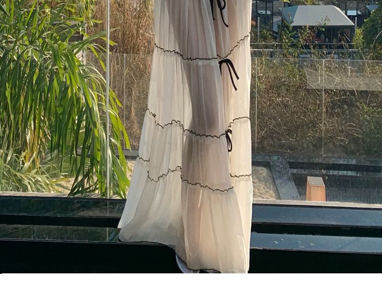 Rise Sleeveless Set: Maxi Top Crop Detail Skirt Bow Mid + V-Neck Plain A-Line