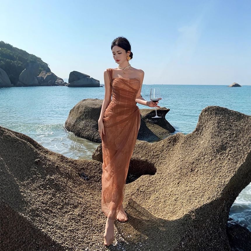 Sheer Sleeveless Ruffle Maxi Gown Shoulder One Sequin Evening