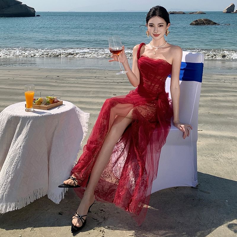 Sheer Sleeveless Ruffle Maxi Gown Shoulder One Sequin Evening