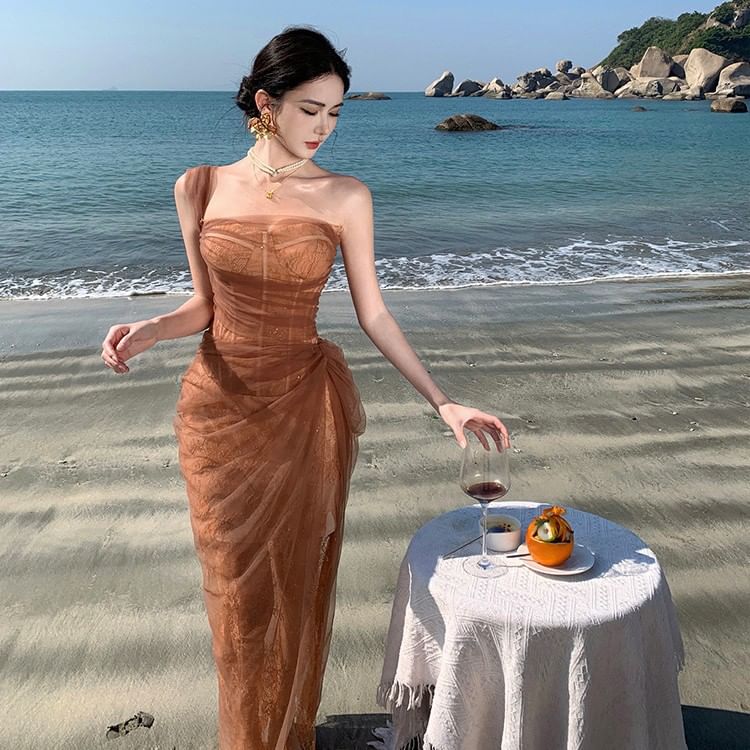 Sheer Sleeveless Ruffle Maxi Gown Shoulder One Sequin Evening