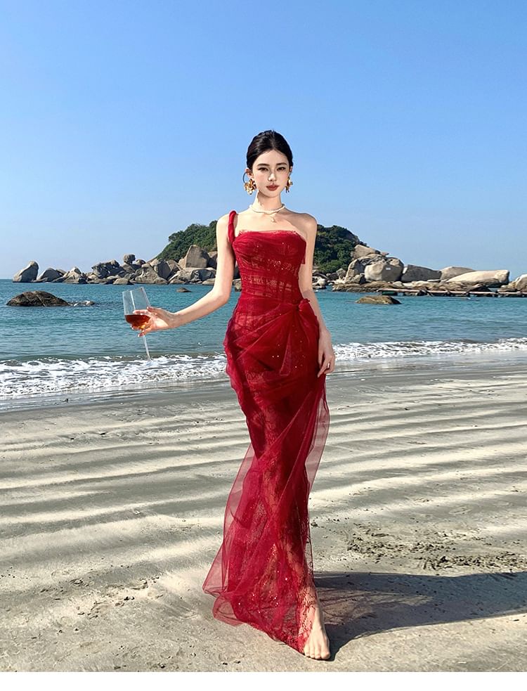 Sheer Sleeveless Ruffle Maxi Gown Shoulder One Sequin Evening