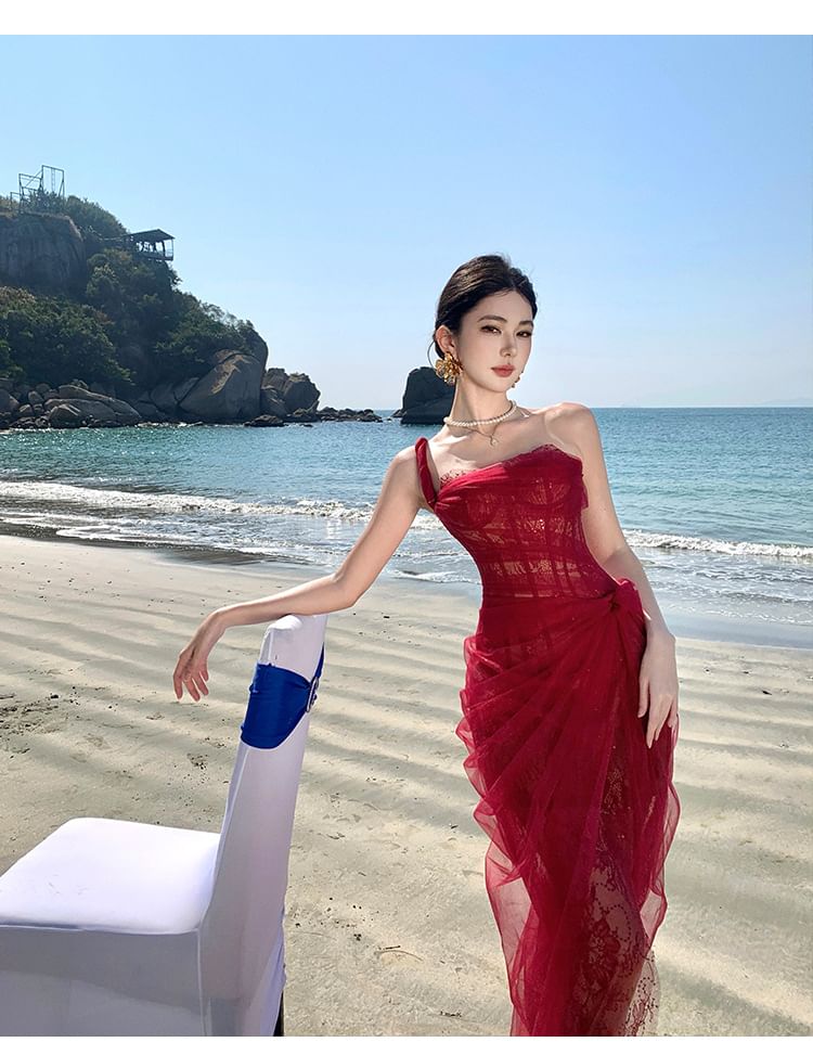 Sheer Sleeveless Ruffle Maxi Gown Shoulder One Sequin Evening