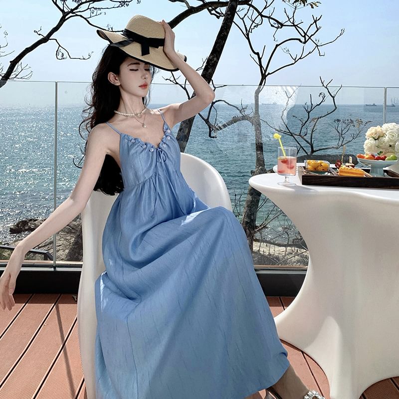 Ruched V-Neck Maxi Dress Strap Plain Spaghetti A-Line