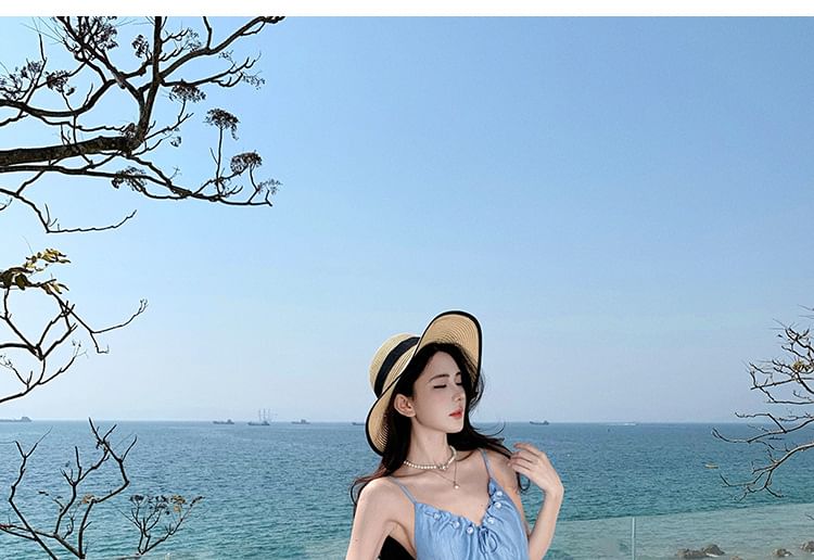 Ruched V-Neck Maxi Dress Strap Plain Spaghetti A-Line