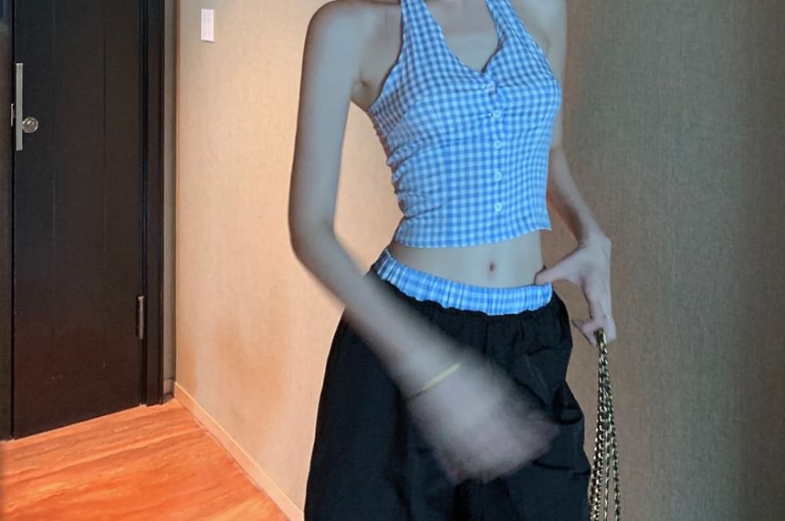 Top Gingham Leg Low Wide V-Neck Pants Halter Crop / Waist Button-Up