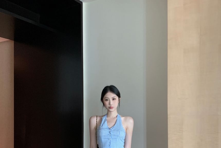 Top Gingham Leg Low Wide V-Neck Pants Halter Crop / Waist Button-Up