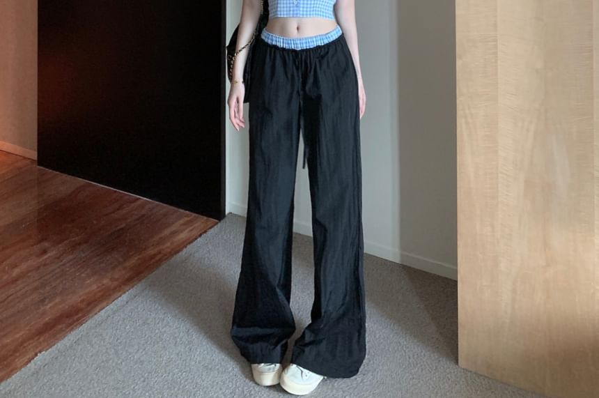 Top Gingham Leg Low Wide V-Neck Pants Halter Crop / Waist Button-Up